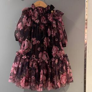 Girls' Floral Ruffle Mesh Dress - Pink on Black
